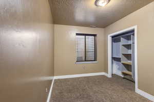 Unfurnished bedroom with carpet floors and a textured ceiling
