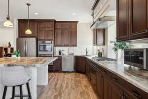 Kitchen with a breakfast bar, hanging light fixtures, light hardwood / wood-style flooring, stainless steel appliances, and decorative backsplash