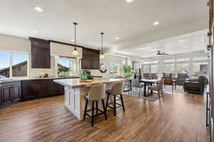 Kitchen with hanging light fixtures, a kitchen breakfast bar, dark hardwood / wood-style floors, a wealth of natural light, and a kitchen island