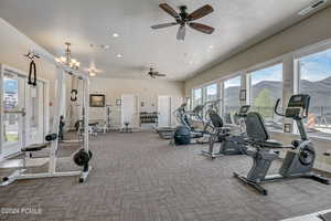 Gym with a mountain view, ceiling fan with notable chandelier, a textured ceiling, and carpet