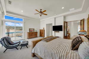 Bedroom featuring access to outside, light colored carpet, visible vents, and recessed lighting