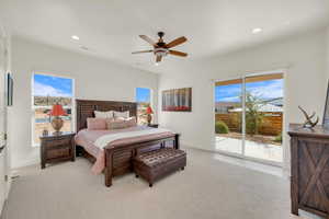 Bedroom featuring light carpet, visible vents, access to exterior, and multiple windows