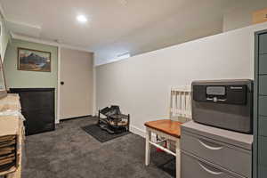 Kitchen featuring dark carpet