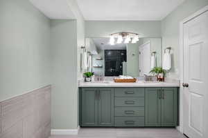 Bathroom with tiled shower and vanity