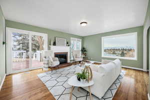 Living room featuring hardwood / wood-style floors and a fireplace