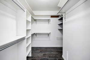 Walk in closet featuring dark wood-type flooring