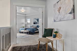 Entering in the primary suite. Complete with tray ceilings. The perfect place to unwind after your day.