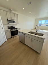 Kitchen with stainless steel appliances, a sink, visible vents, light countertops, and light wood finished floors