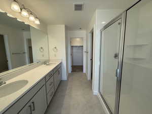 Bathroom with a stall shower, visible vents, a sink, and a spacious closet