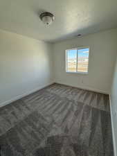 Spare room with carpet flooring, visible vents, a textured ceiling, and baseboards