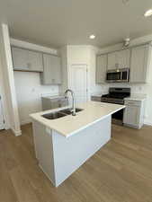 Kitchen featuring an island with sink, light wood-style floors, stainless steel appliances, and a sink