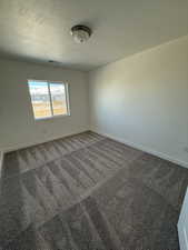 Carpeted spare room with visible vents, baseboards, and a textured ceiling