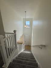 Staircase featuring a towering ceiling, baseboards, and wood finished floors