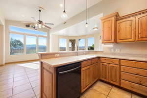 Kitchen featuring dishwashing machine, plenty of natural light, a sink, and a ceiling fan