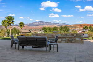 View of patio / terrace featuring a mountain view