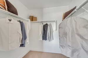 Walk in closet with light colored carpet