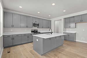 Kitchen featuring gray cabinets, an island with sink, appliances with stainless steel finishes, and sink