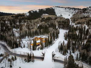Snowy aerial view featuring a mountain view