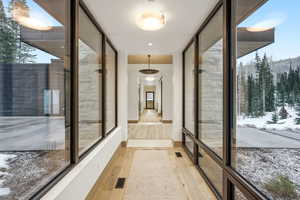 Corridor with a wall of windows and light wood-style floors