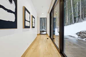 Corridor with light wood-style floors and a wall of windows