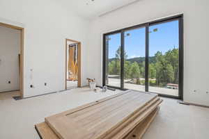 Unfurnished bedroom featuring access to outside and carpet flooring