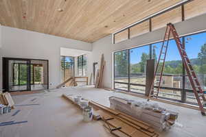 Living room with wood ceiling