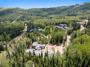 Aerial overview of property's location with a heavily wooded area