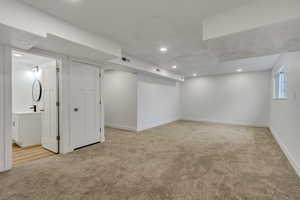 Basement with light colored carpet