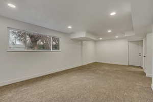 Basement featuring light carpet