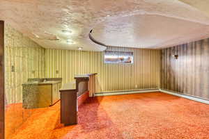 Basement with sink, a textured ceiling, and carpet flooring