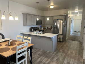 Kitchen with pendant lighting, gray cabinets, appliances with stainless steel finishes, dark hardwood / wood-style floors, and kitchen peninsula