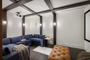 Cinema room with dark hardwood / wood-style flooring, coffered ceiling, and beam ceiling