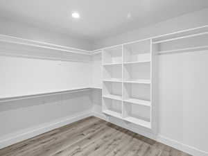 Spacious closet with light hardwood / wood-style flooring