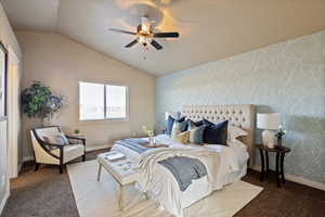 Mater bedroom with vaulted ceilings & view of golf course & mountains