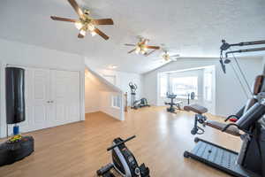 Family room or workout room with vaulted ceiling