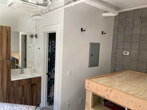 Bathroom with vanity and electric panel