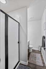 Bathroom featuring toilet, an enclosed shower, wood-type flooring,and vanity