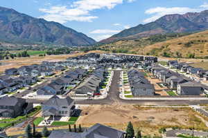 Aerial perspective of suburban area featuring a mountainous background