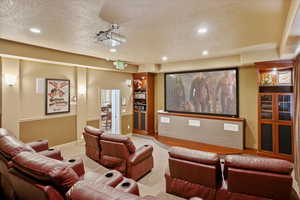 Cinema with light colored carpet and a textured ceiling