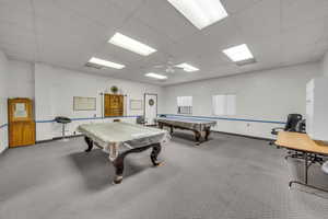 Playroom featuring carpet floors, pool table, and a drop ceiling