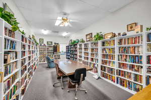 Office area with ceiling fan, a paneled ceiling, and carpet flooring