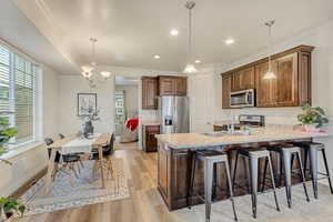 Kitchen featuring new LVP flooring, crown molding, stainless steel appliances, kitchen bar, and pendant lighting