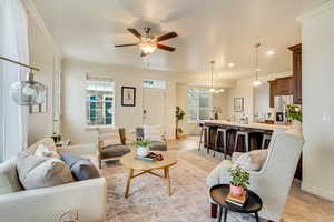 Living room featuring a ceiling fan