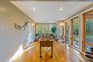 Recreation room with light hardwood / wood-style floors