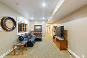 Living room featuring light carpet