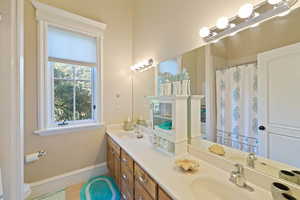 Bathroom with vanity, toilet, and a shower with shower curtain