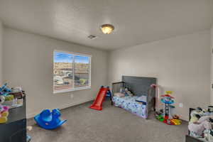 Bedroom with carpet floors and a textured ceiling