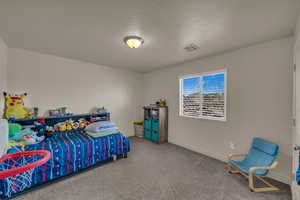 Carpeted bedroom featuring a textured ceiling