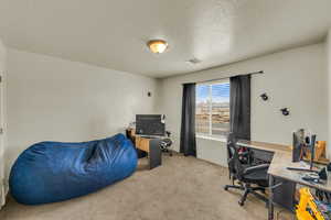 Office area featuring a textured ceiling and light carpet