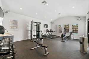 Gym featuring lofted ceiling